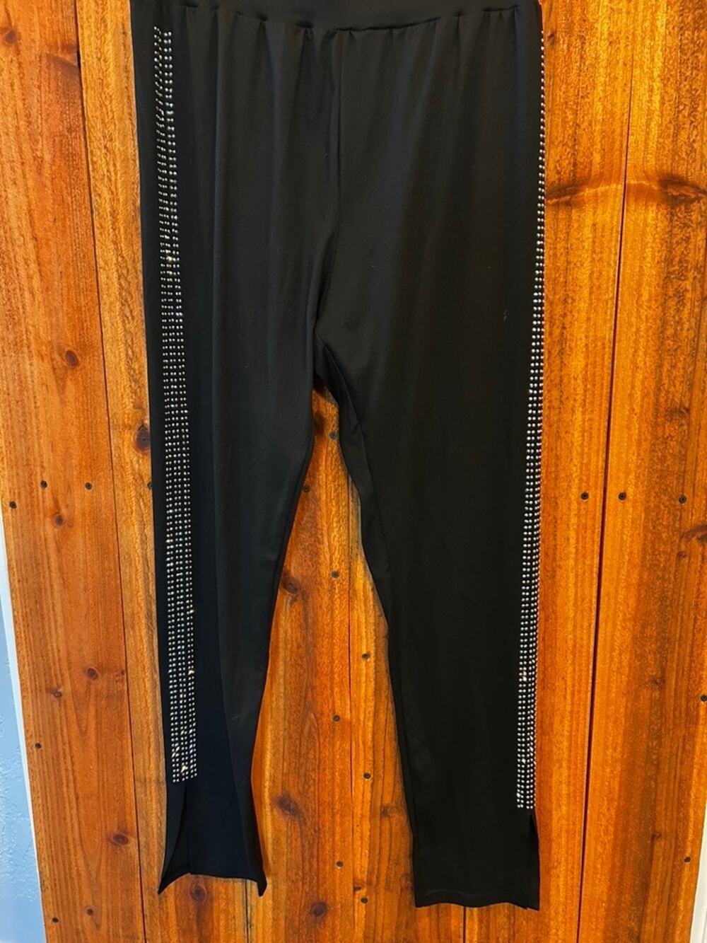 Glam Black Leggings with Rhinestone Side Stripes Split Hem Size XL